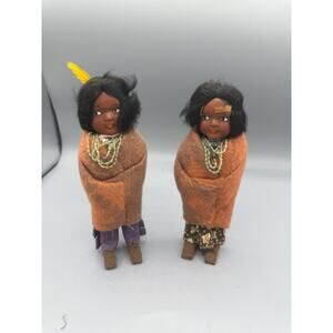 Vintage Native American Style Felt Dolls Handmade Folk Art Pair 6–7”